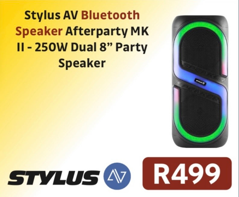 STYLUS AV BLUETOOTH SPEAKER AFTERPARTYMKII- 250 WATT DUAL8” R499