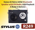 STYLUS AV RETRO 100 WATT BLUETOOTH SPEAKER WITH FM RADIO USB PLAYBACK & BUILT IN BATTERY R249