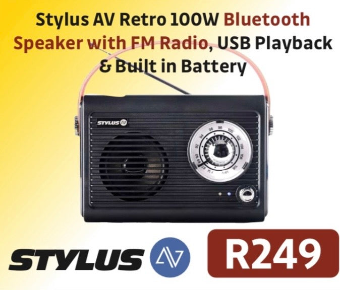 STYLUS AV RETRO 100 WATT BLUETOOTH SPEAKER WITH FM RADIO USB PLAYBACK & BUILT IN BATTERY R249