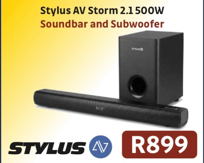 STYLUS AV STORM 2.1 500 WATT SOUNDBAR AND SUBWOOFER R899