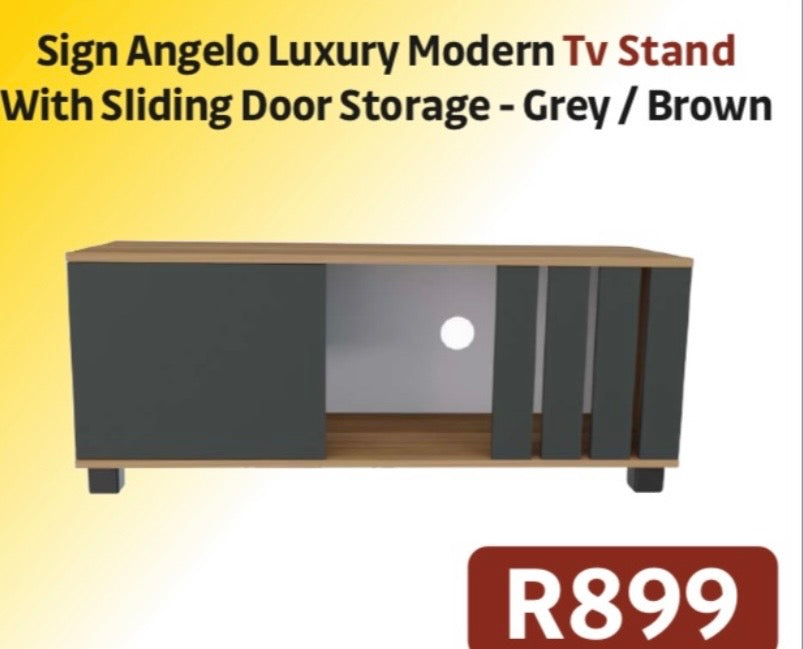 SIGN ANGELO LUXURY MODERN TV STAND WITH SLIDING DOOR STORAGE GREY/ BROWN R899