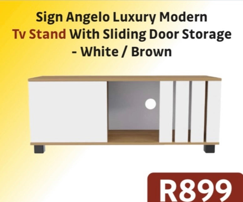 SIGN ANGELO LUXURY MODERN TV STAND WITH SLIDING DOOR STORAGE WHITE/ BROWN R899