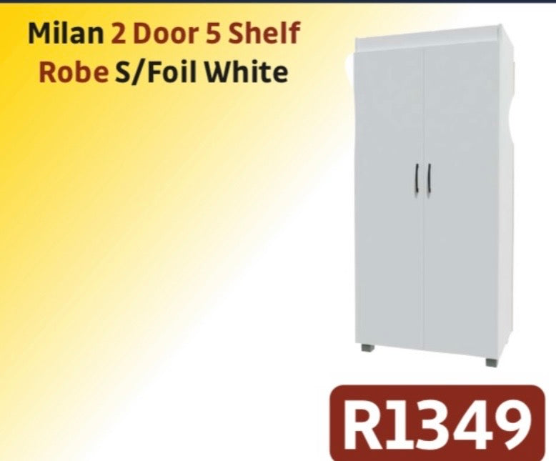 MILAN 2 DOOR 5 SHELF ROBE S/ FOIL WHITE R1349